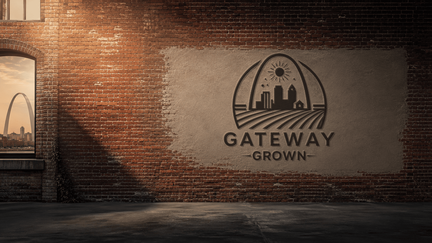Gateway Grown crest on a weathered brick wall with the St. Louis Gateway Arch in the distance