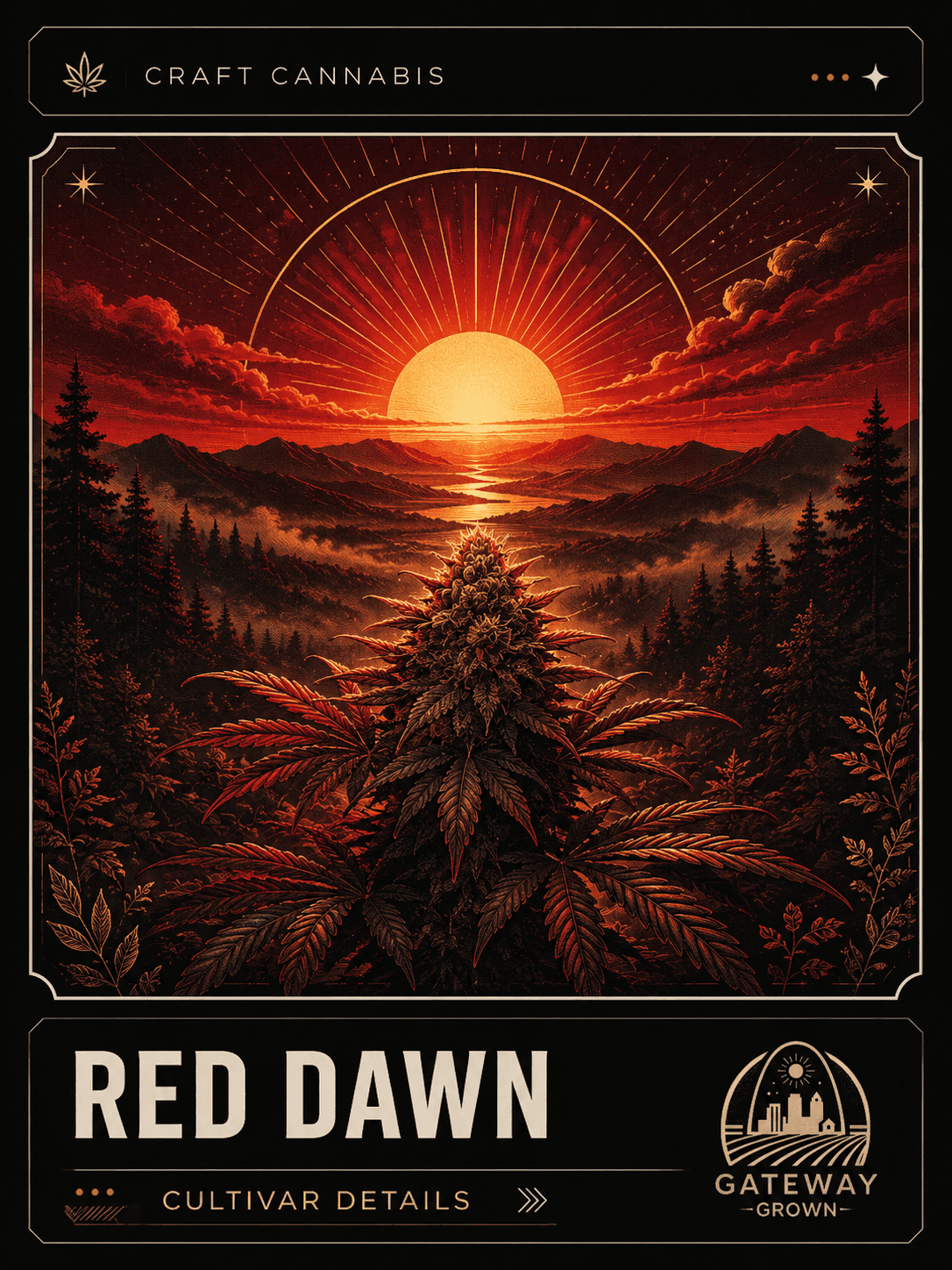 Stylized Red Dawn flower visual in warm red and gold tones